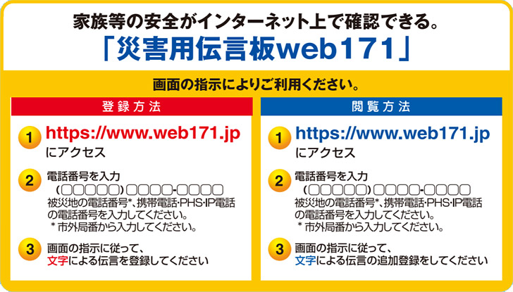 災害用伝言版「web171」をパソコンやスマホからインターネットで利用する場合