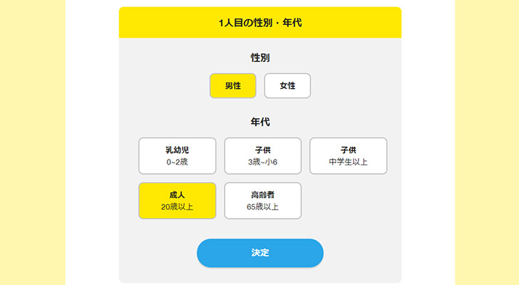 質問1では、まずは「あなたと、一緒に住んでいる人のそれぞれの性別・年代を教えてね」ということで、一緒に住んでいる人の性別や年代を選択します。人数と性別、大まかな年齢をクリックするだけですので簡単ですね。